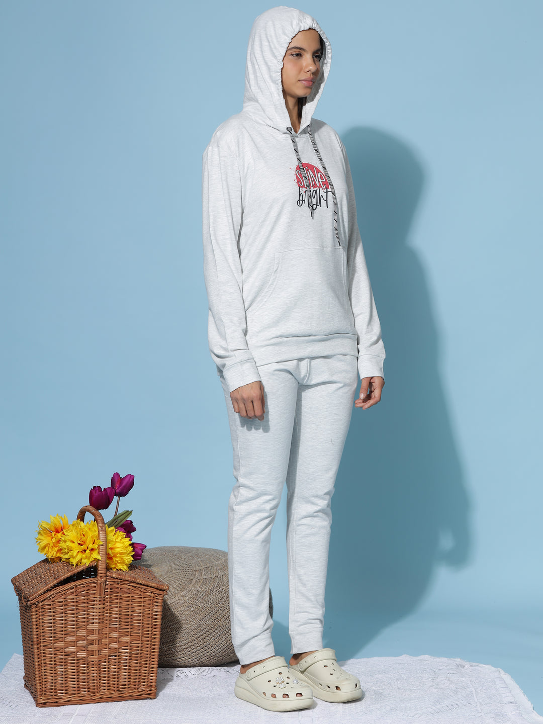 Mist Grey Winter Cotton Coord Set for Women with Cozy Hoodie and Slim Fit Bottoms