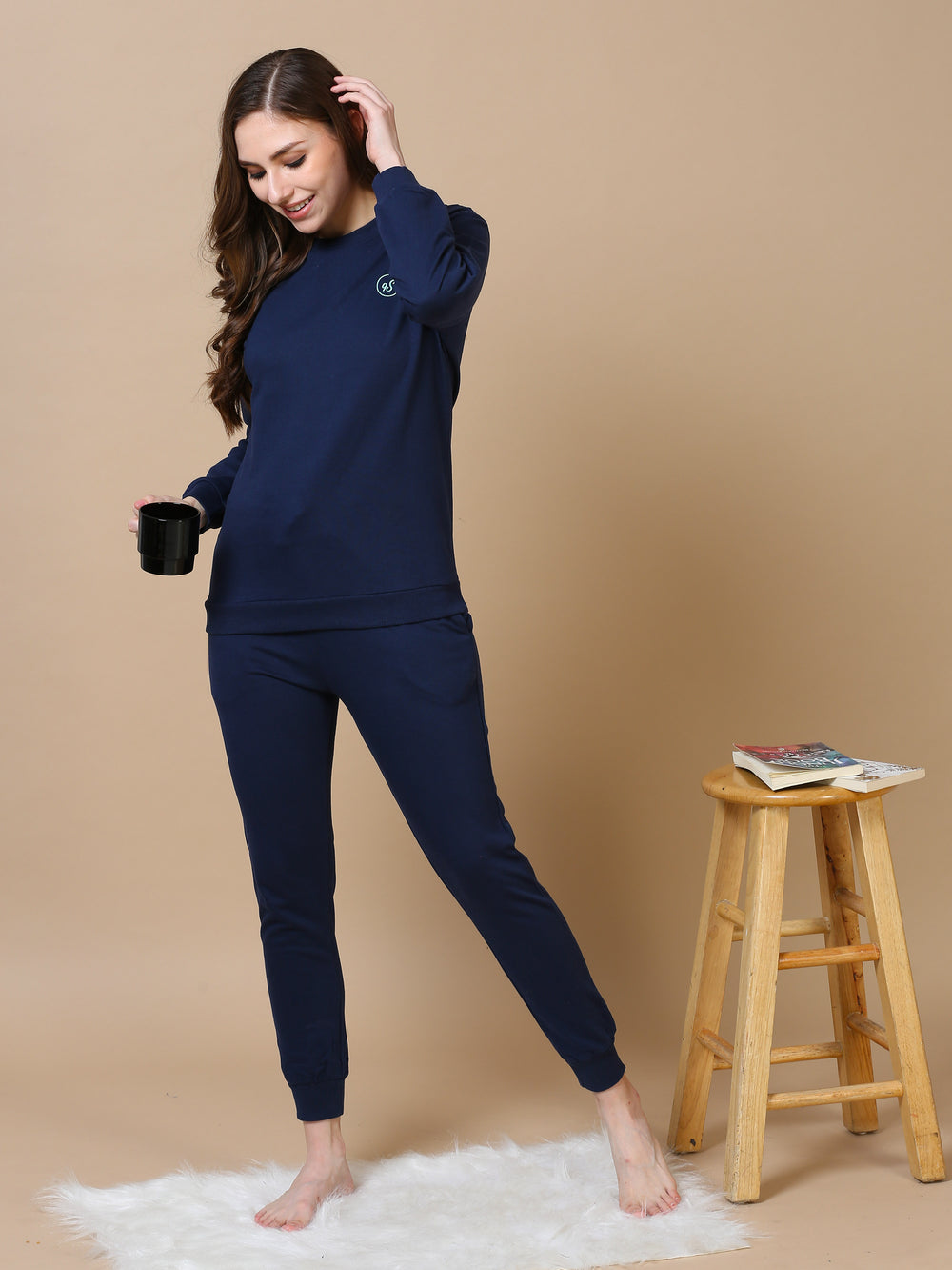 Navy Blue Hosiery Cotton Track Suit for Women
