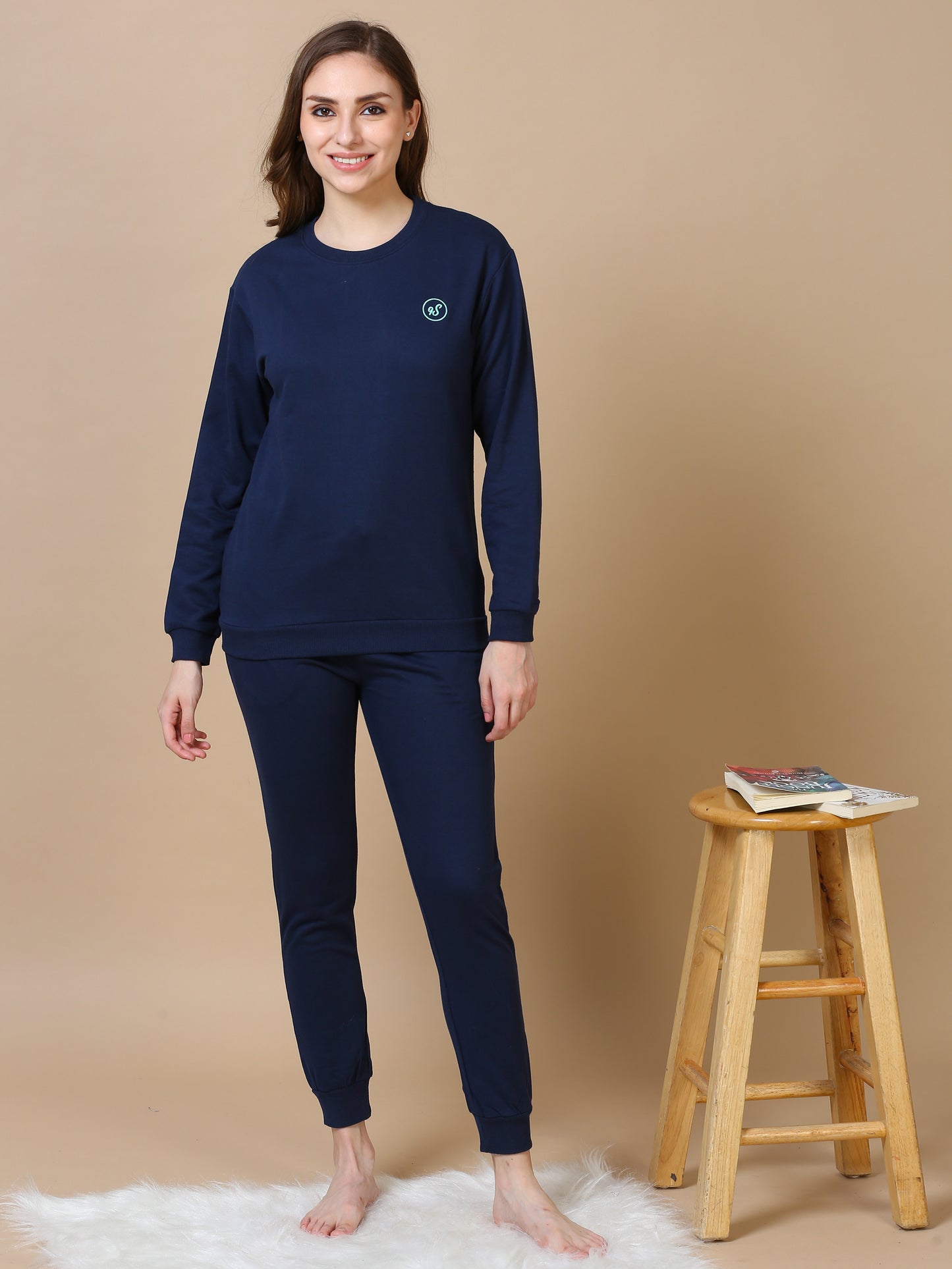 Navy Blue Hosiery Cotton Track Suit for Women