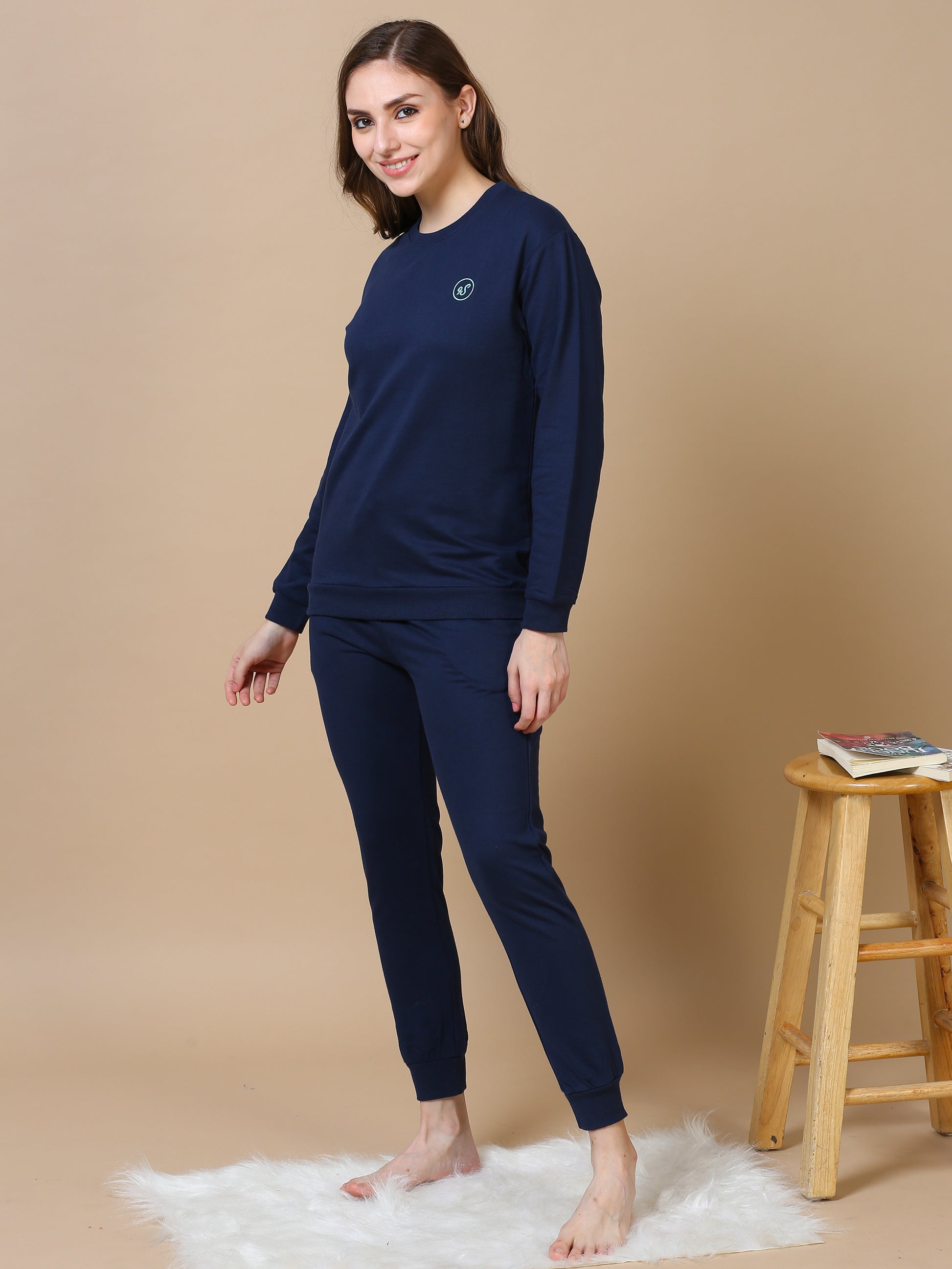 Navy Blue Hosiery Cotton Track Suit for Women