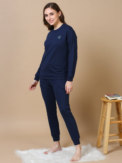 Navy Blue Hosiery Cotton Track Suit for Women