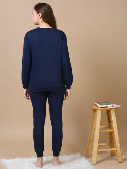 Navy Blue Hosiery Cotton Track Suit for Women