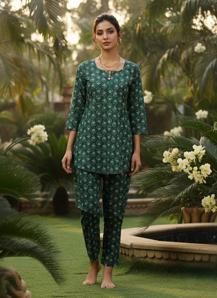Pine Green Cotton Top and Pyjama Set for Women
