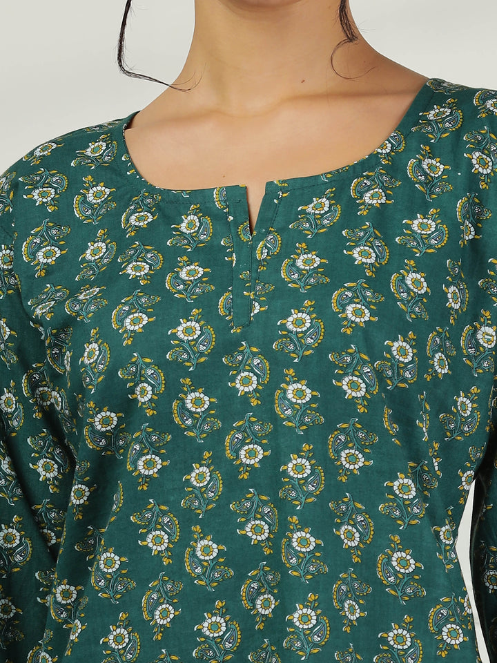 Pine Green Cotton Top and Pyjama Set for Women