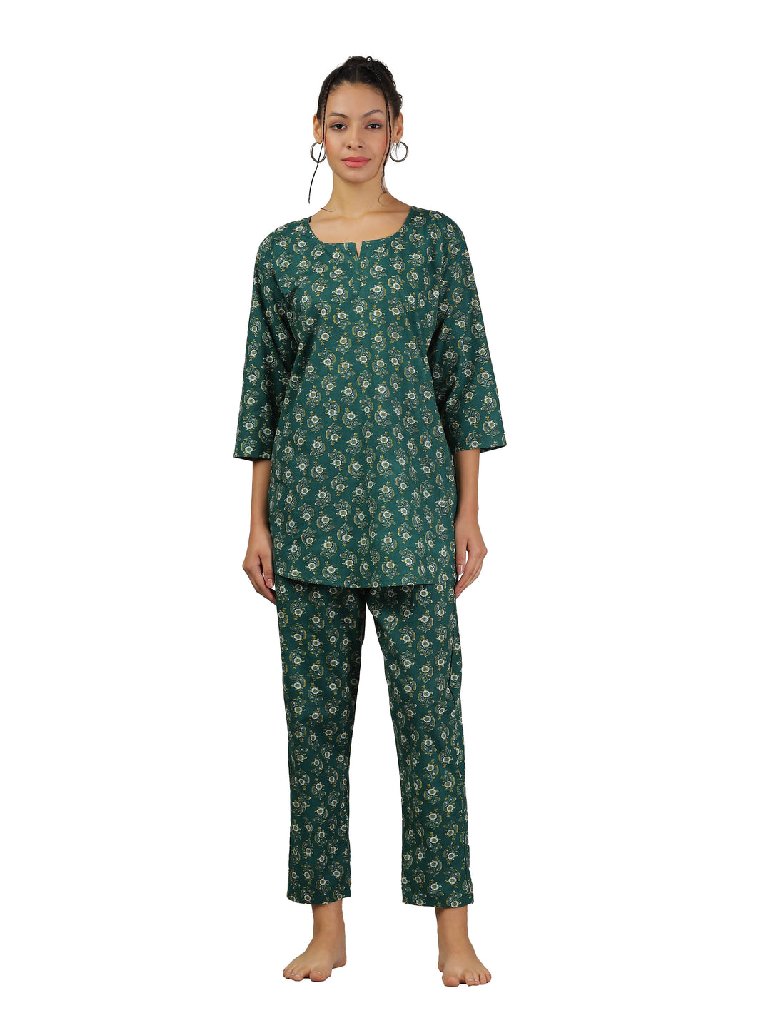 Pine Green Cotton Top and Pyjama Set for Women
