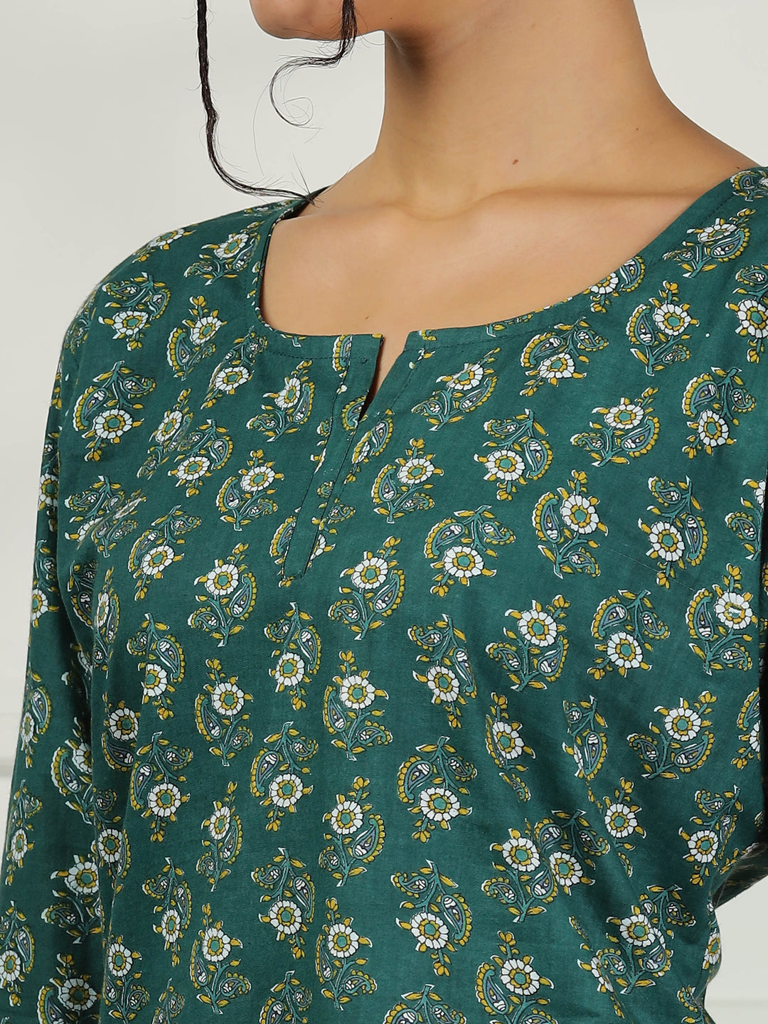 Pine Green Cotton Top and Pyjama Set for Women