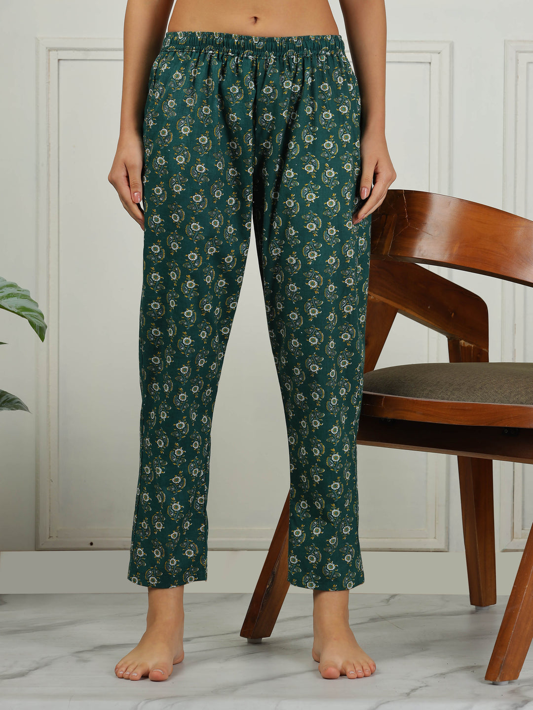 Pine Green Cotton Top and Pyjama Set for Women