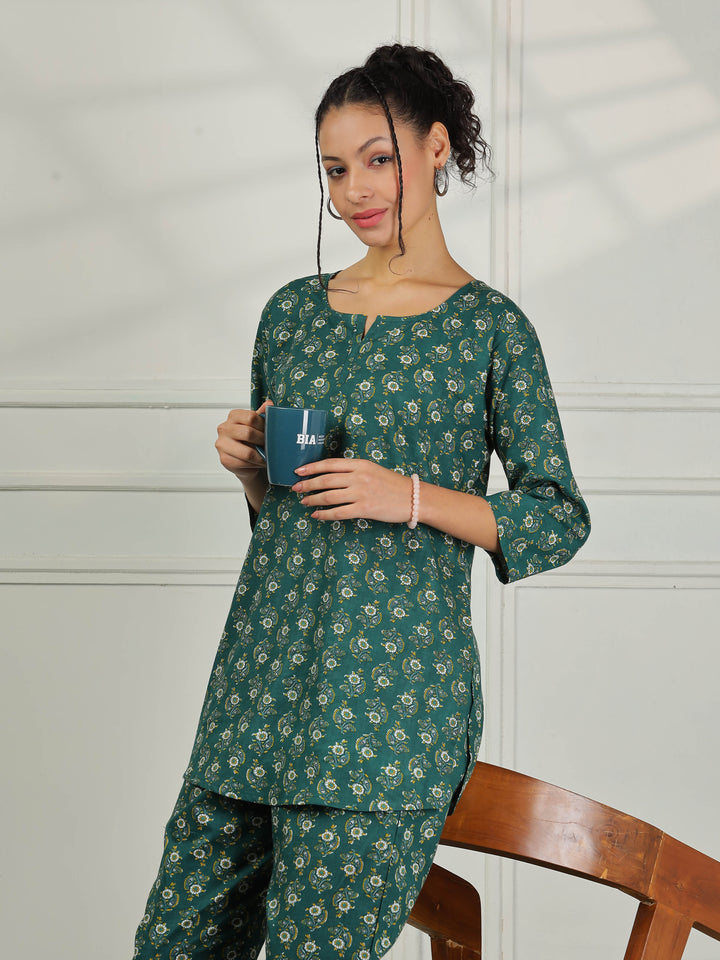 Pine Green Cotton Top and Pyjama Set for Women