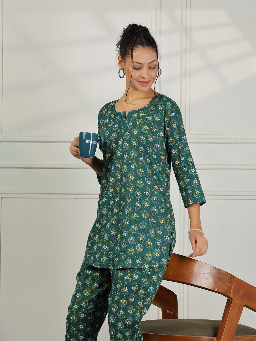 Pine Green Cotton Top and Pyjama Set for Women