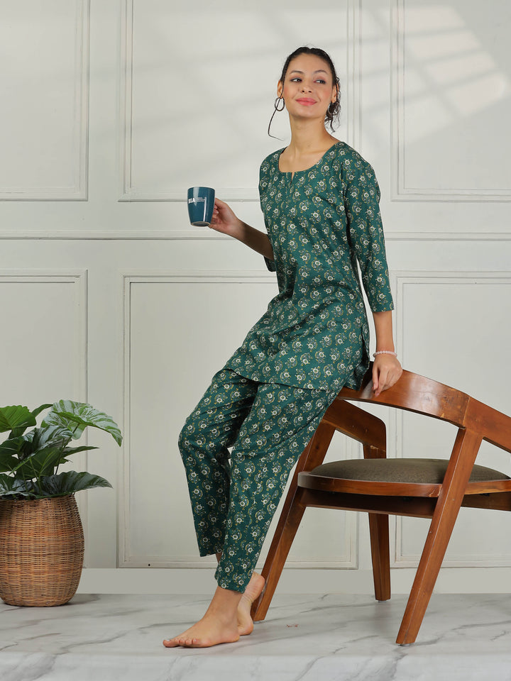Pine Green Cotton Top and Pyjama Set for Women