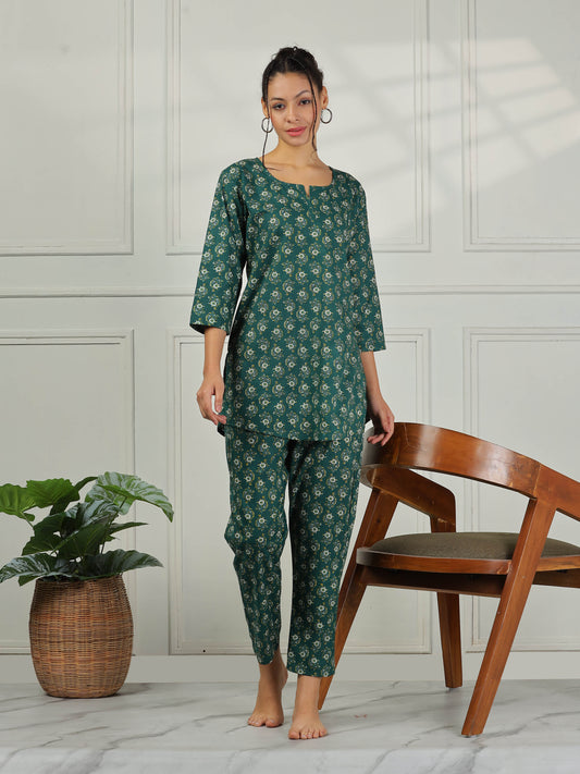 Pine Green Cotton Top and Pyjama Set for Women