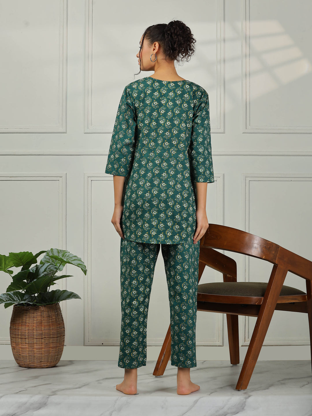 Pine Green Cotton Top and Pyjama Set for Women