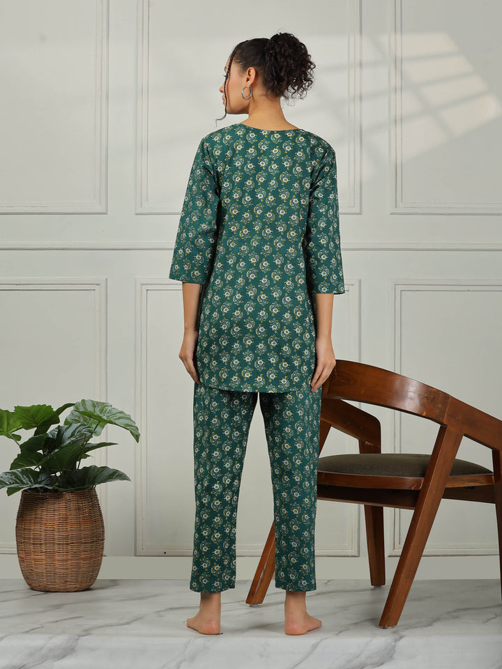 Pine Green Cotton Top and Pyjama Set for Women