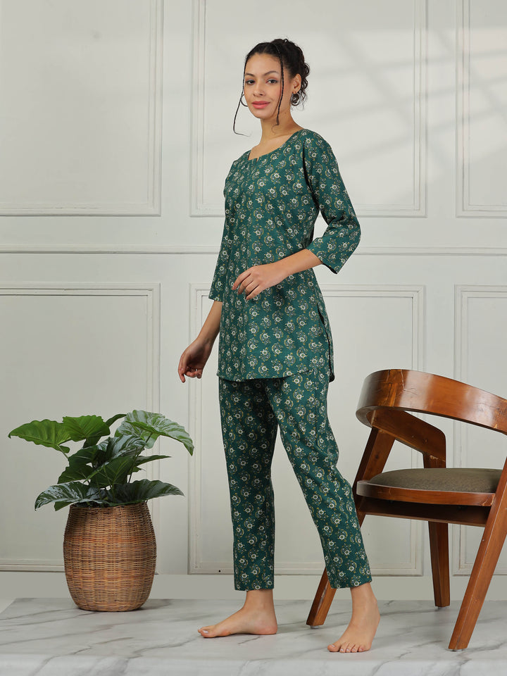 Pine Green Cotton Top and Pyjama Set for Women