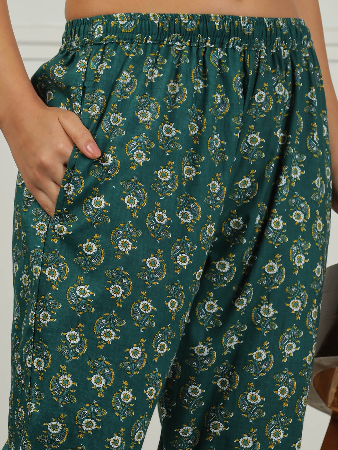 Pine Green Cotton Top and Pyjama Set for Women