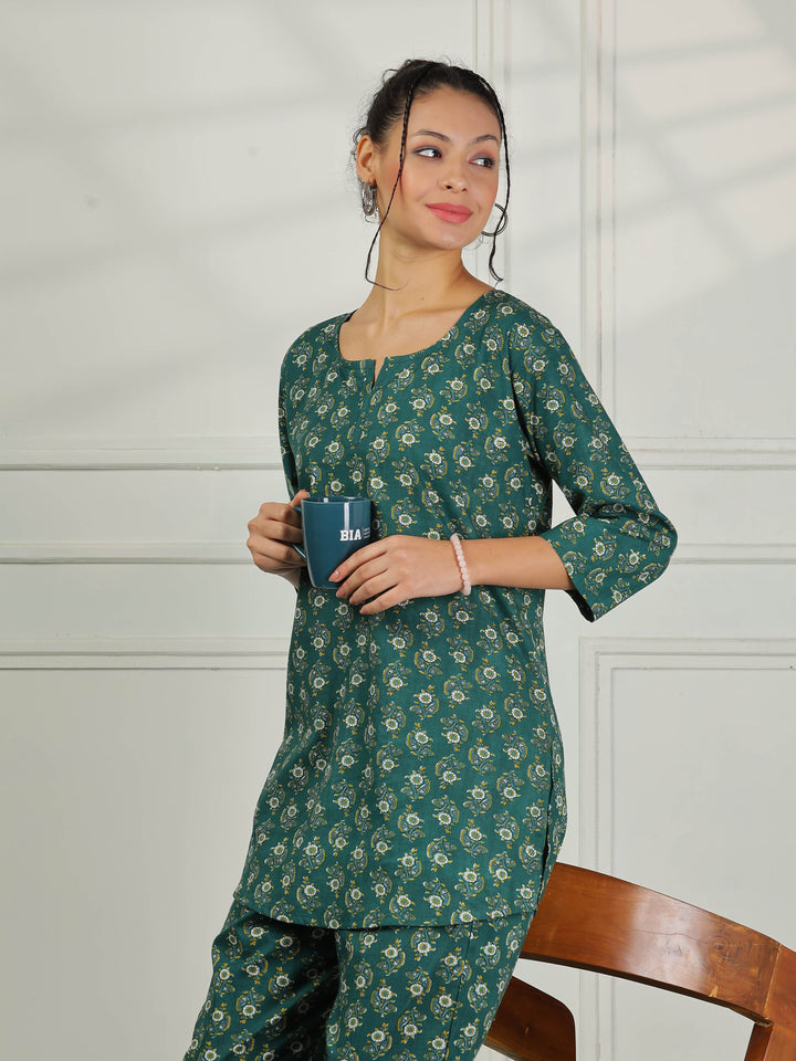 Pine Green Cotton Top and Pyjama Set for Women