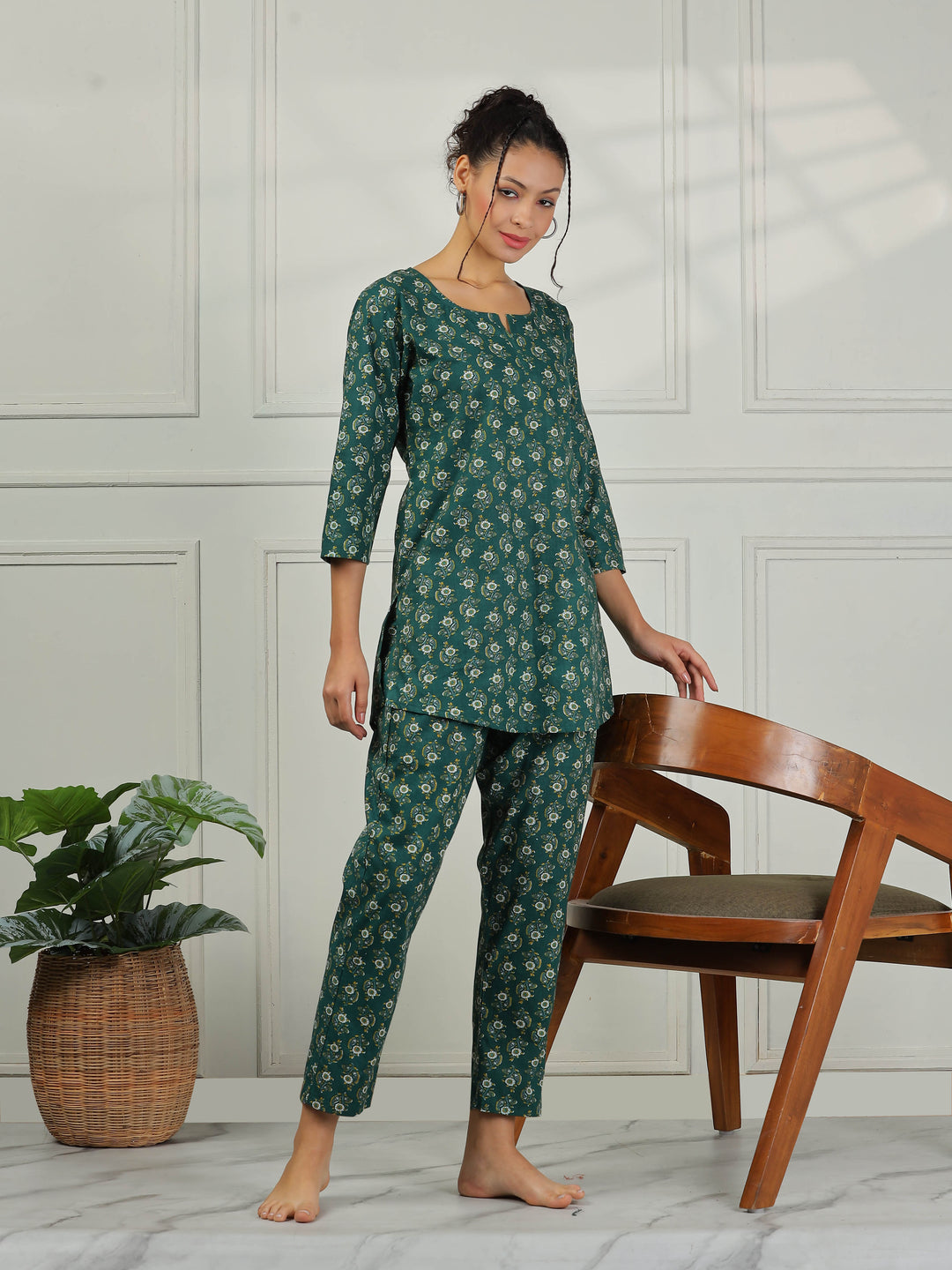 Pine Green Cotton Top and Pyjama Set for Women