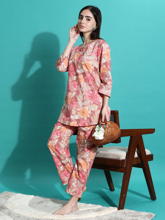 Pink Orange Floral Cotton Coord Set for Women
