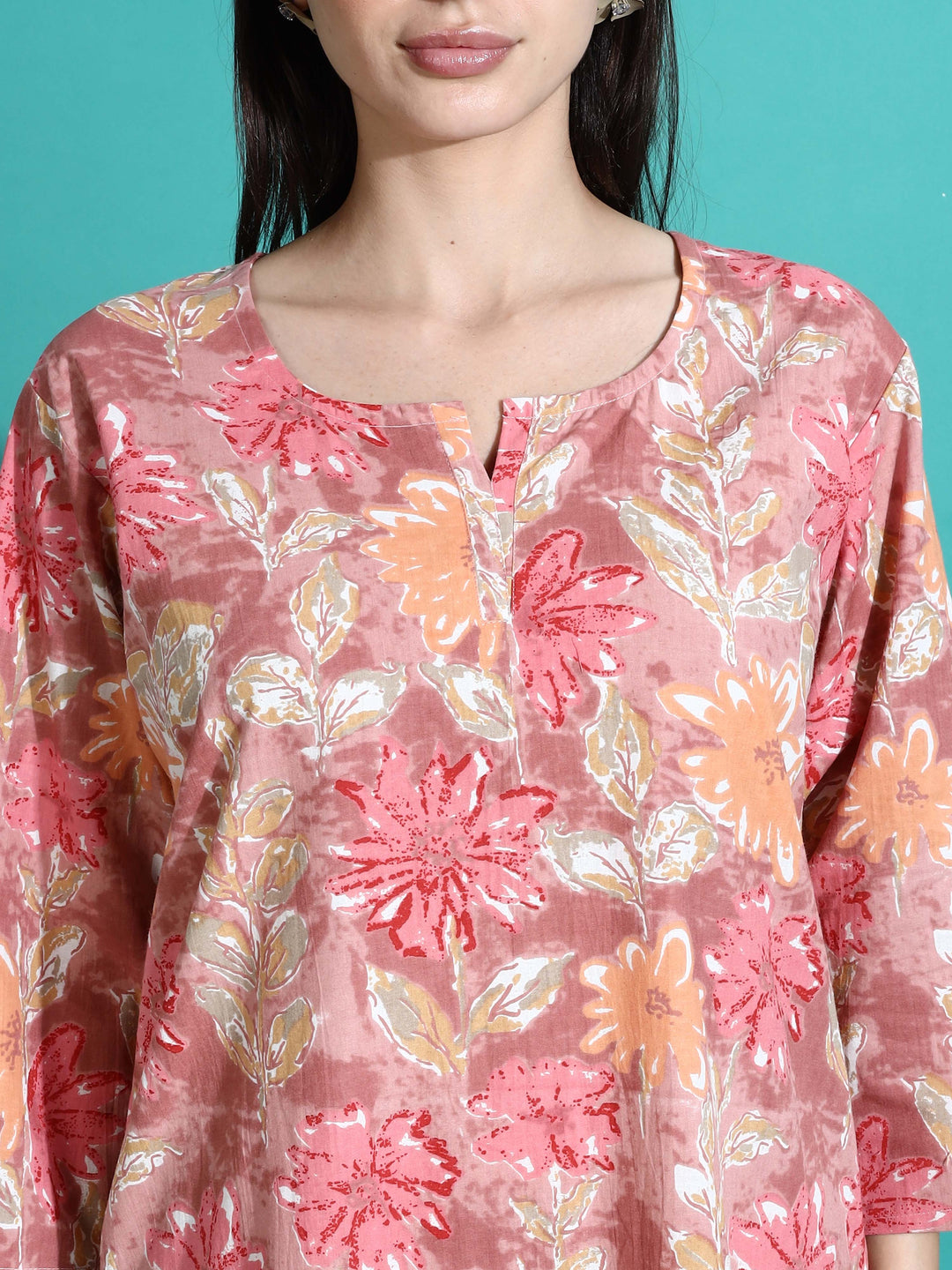 Pink Orange Floral Cotton Coord Set for Women