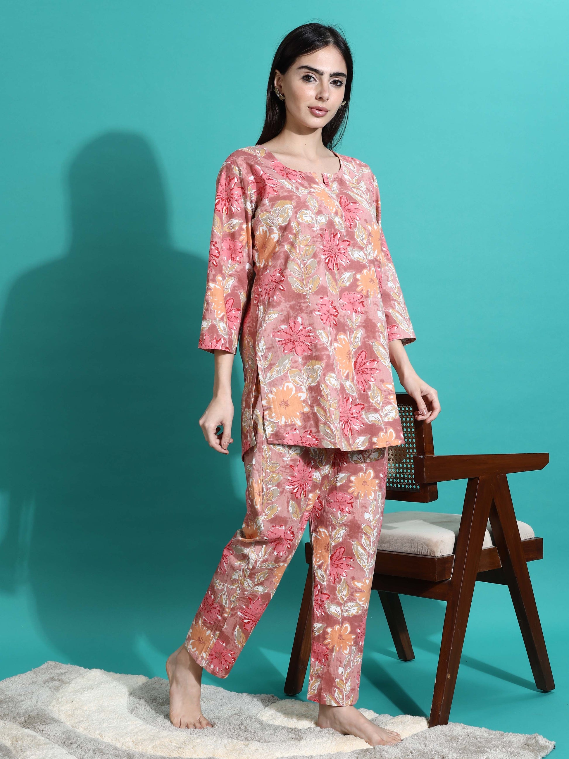 Pink Orange Floral Cotton Coord Set for Women
