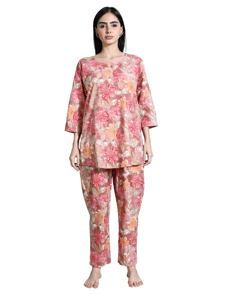 Pink Orange Floral Cotton Coord Set for Women