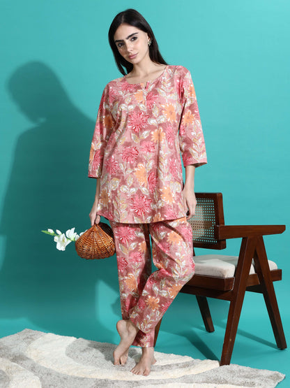 Pink Orange Floral Cotton Coord Set for Women