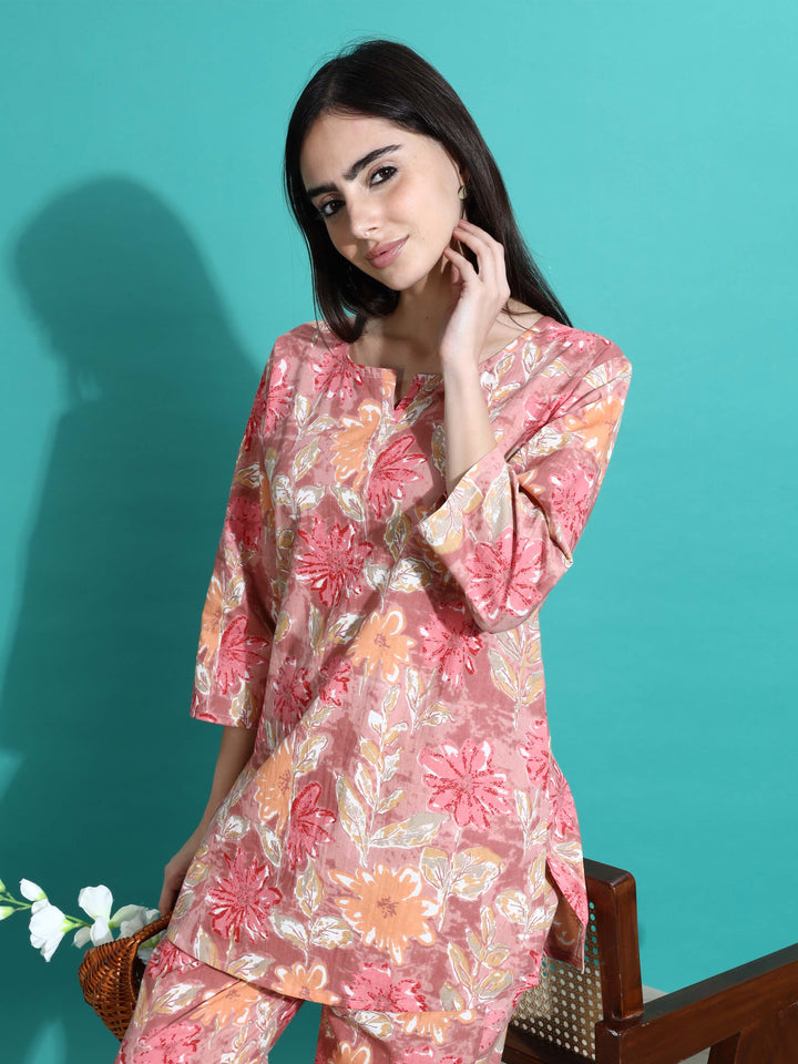 Pink Orange Floral Cotton Coord Set for Women