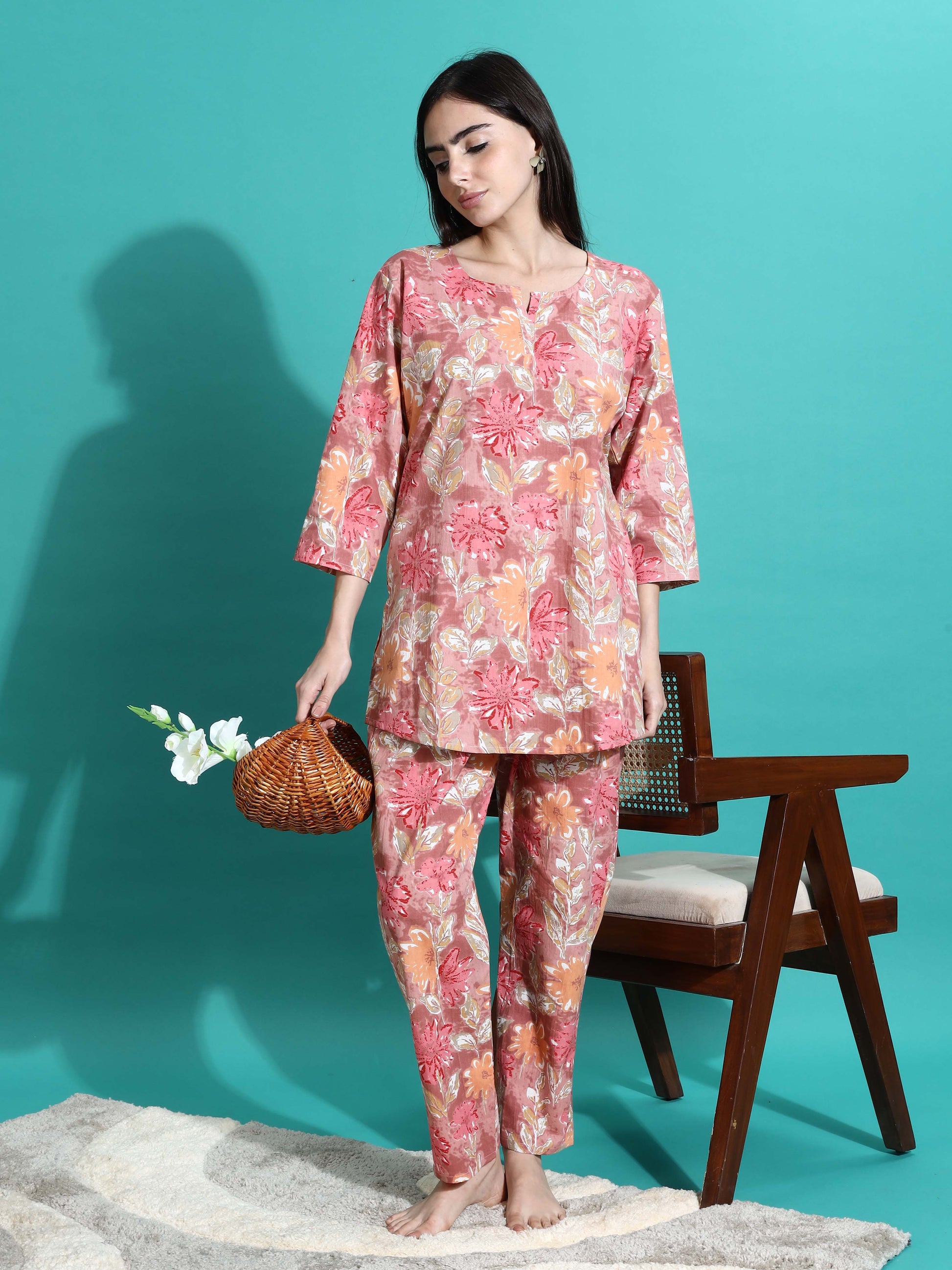 Pink Orange Floral Cotton Coord Set for Women