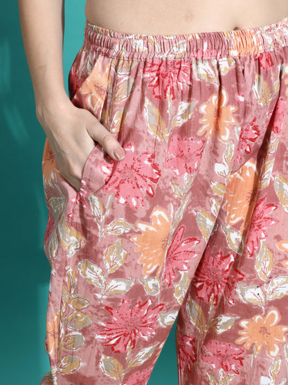 Pink Orange Floral Cotton Coord Set for Women 