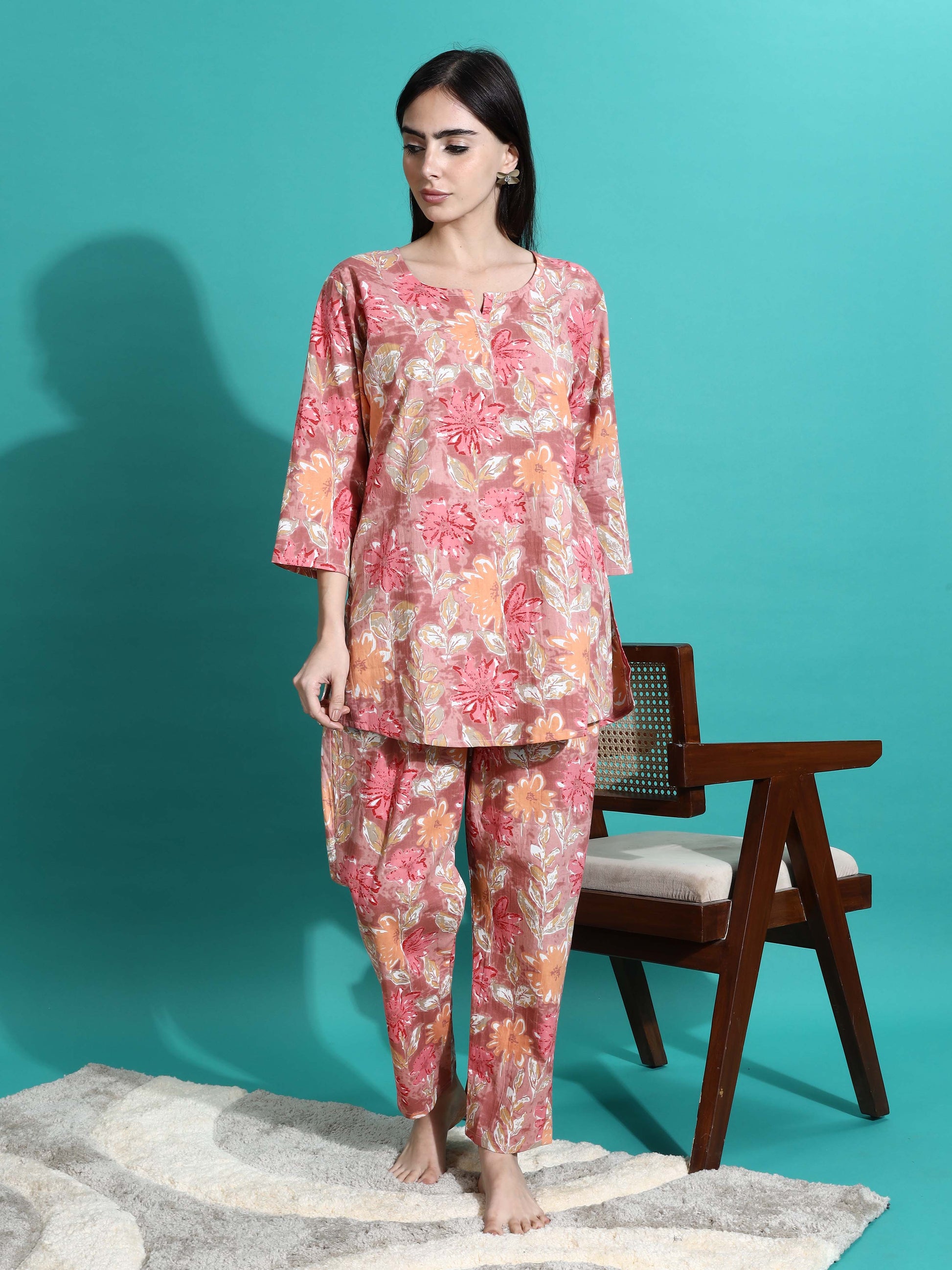 Pink Orange Floral Cotton Coord Set for Women 