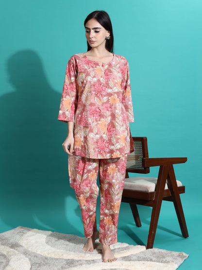 Pink Orange Floral Cotton Coord Set for Women 