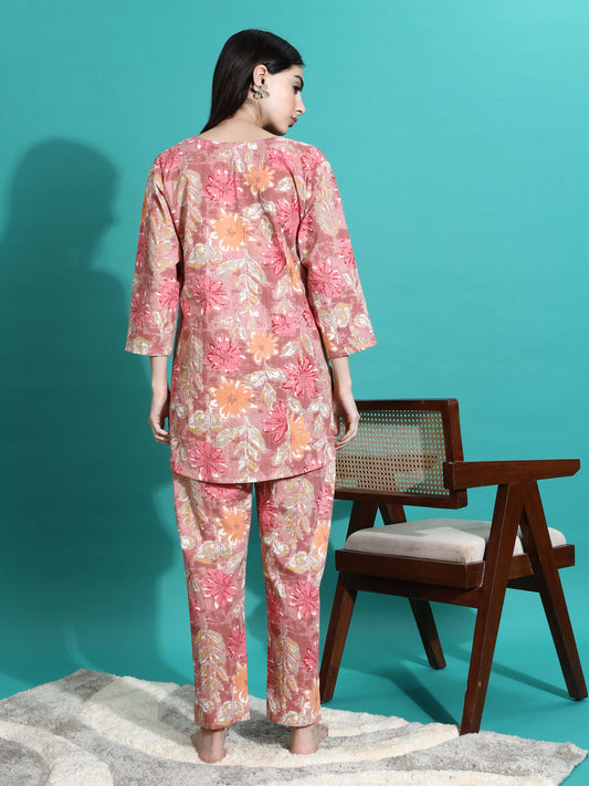 Pink Orange Floral Cotton Coord Set for Women 