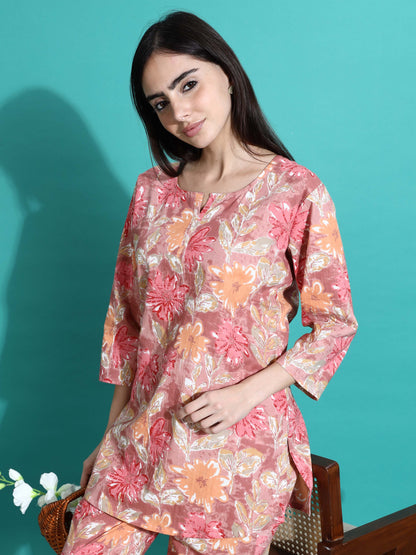 Pink Orange Floral Cotton Coord Set for Women 
