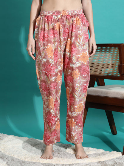 Pink Orange Floral Cotton Coord Set for Women