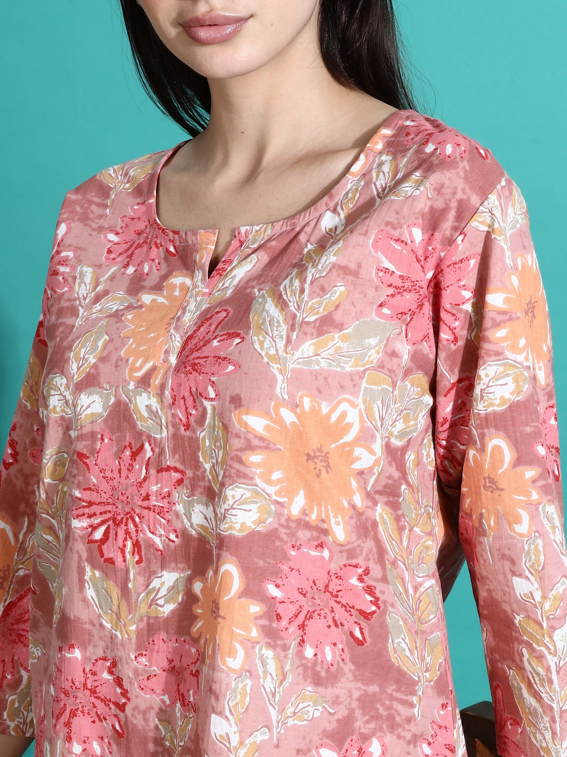 Pink Orange Floral Cotton Coord Set for Women