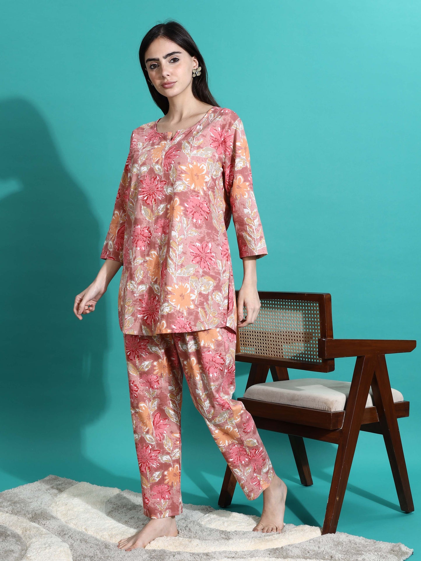 Pink Orange Floral Cotton Coord Set for Women