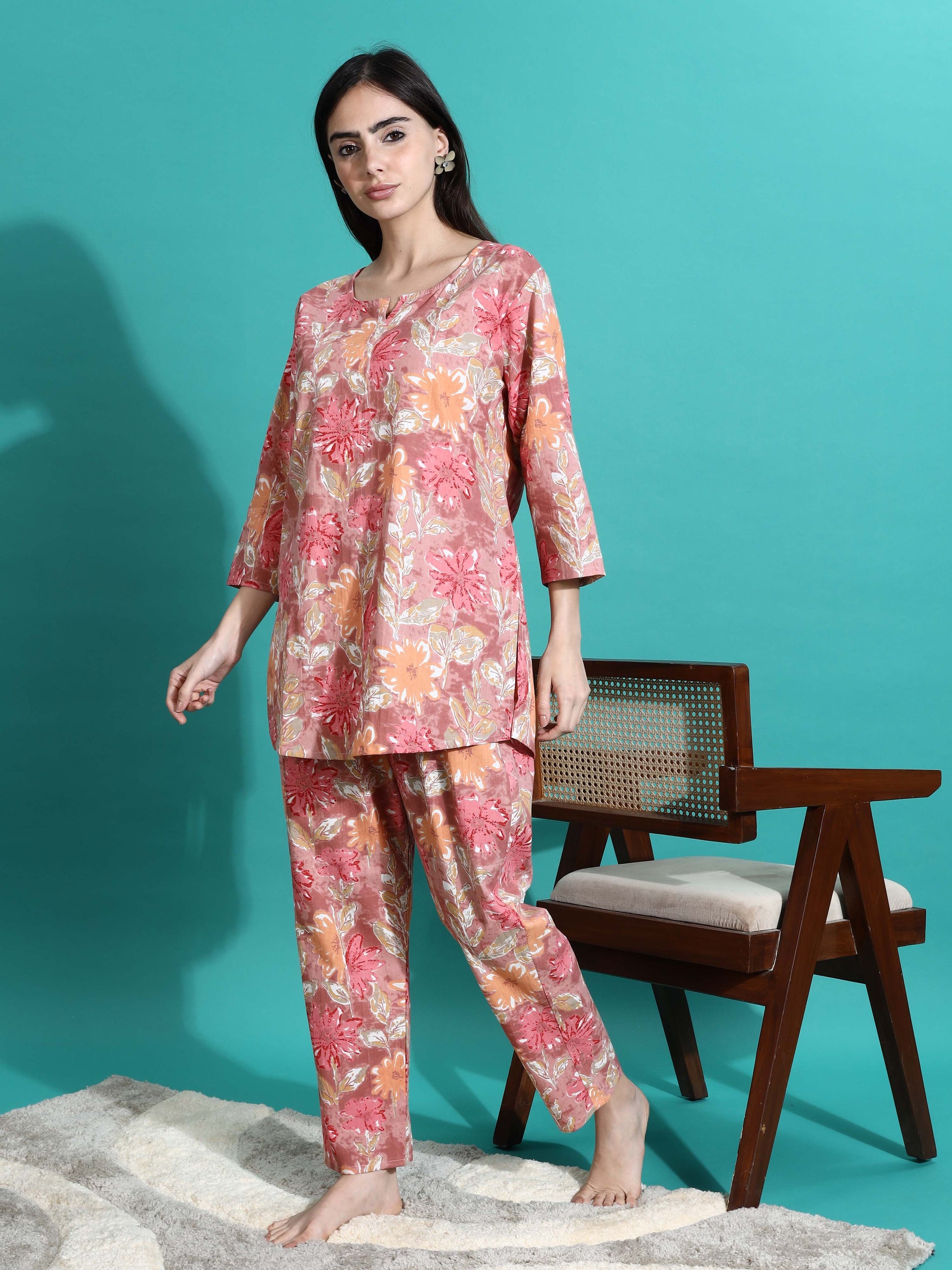 Pink Orange Floral Cotton Coord Set for Women