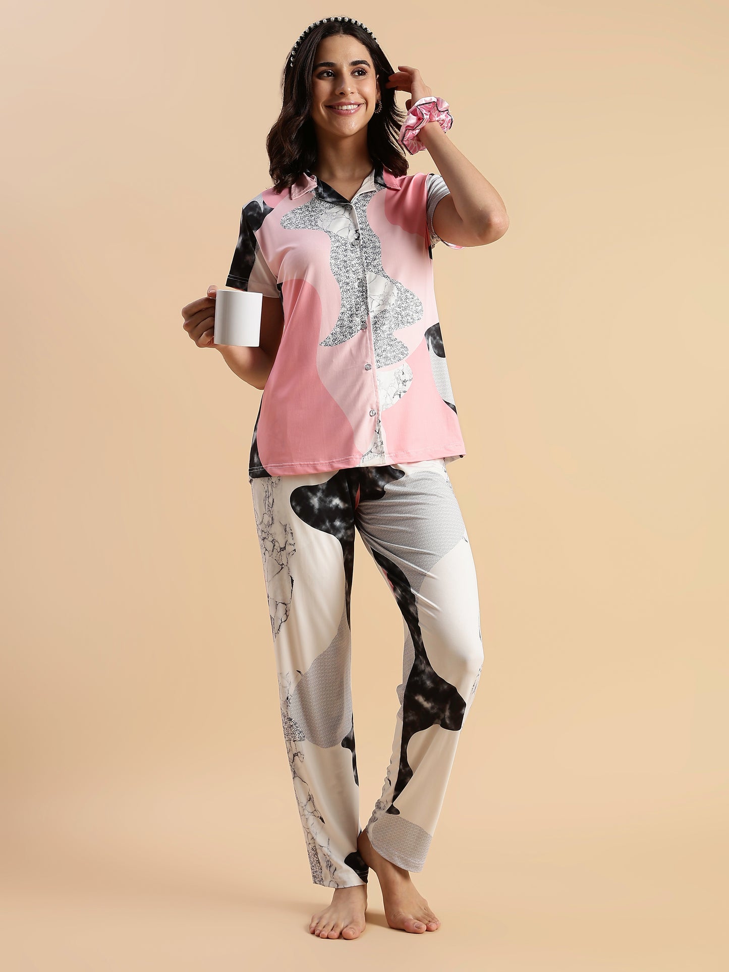 Pink Paw Puff Gloss Malai Modern Loungewear Set For Girls