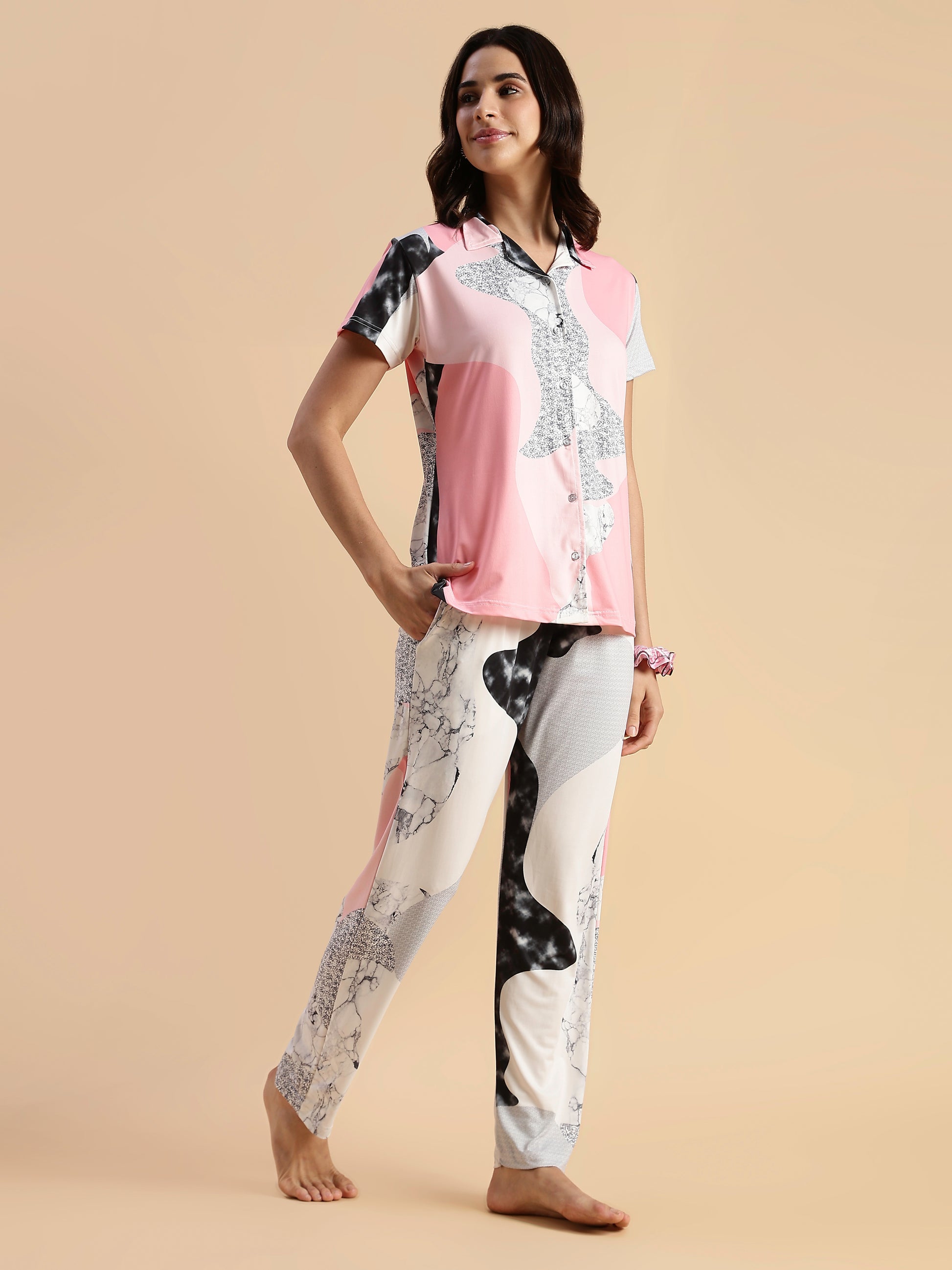 Pink Paw Puff Gloss Malai Modern Loungewear Sets For Girls