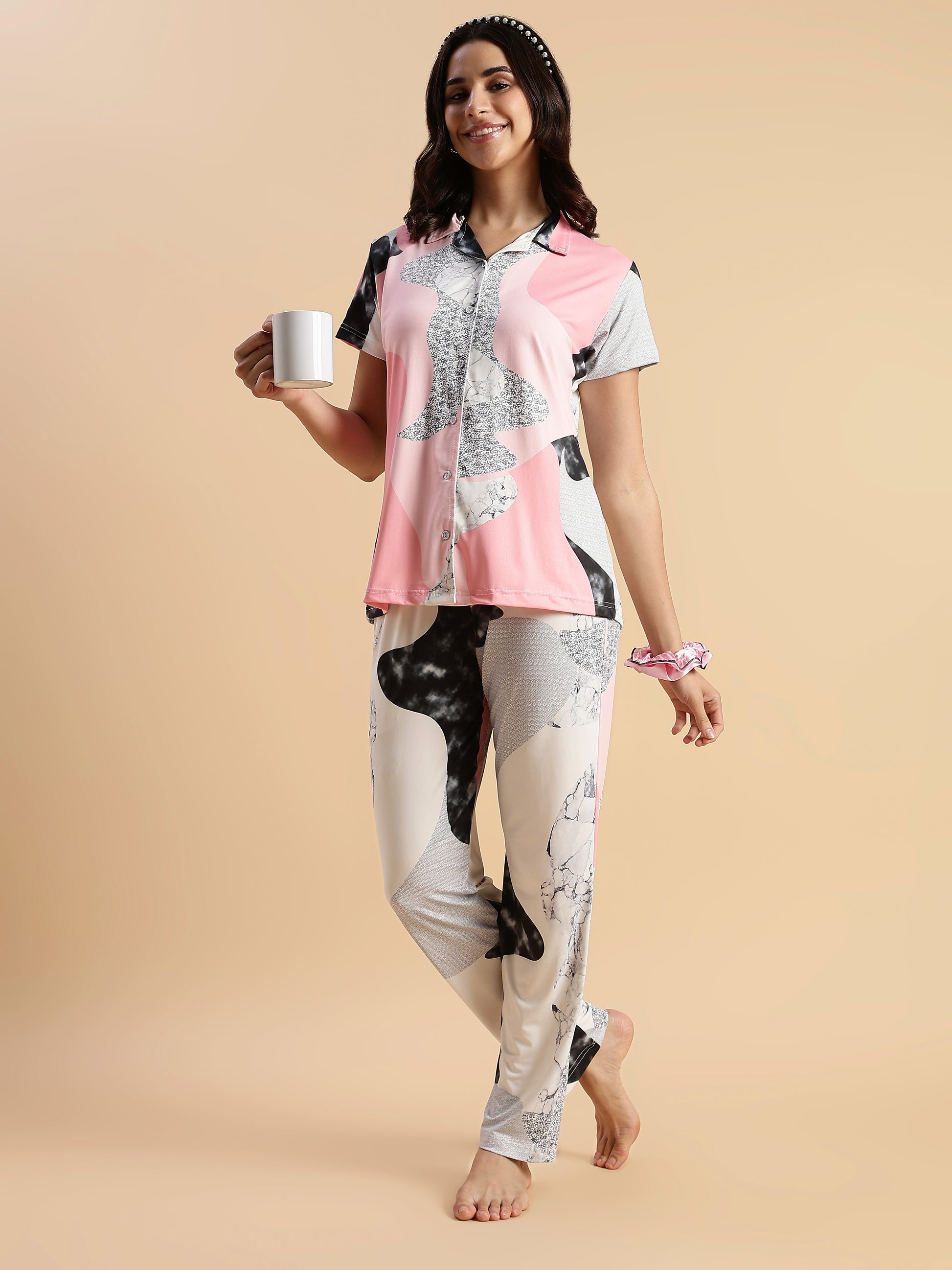 Pink Paw Puff Gloss Malai Modern Loungewear Sets For Girls