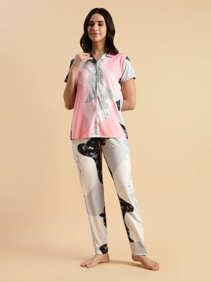 Pink Paw Puff Gloss Malai Modern Loungewear Sets For Girls