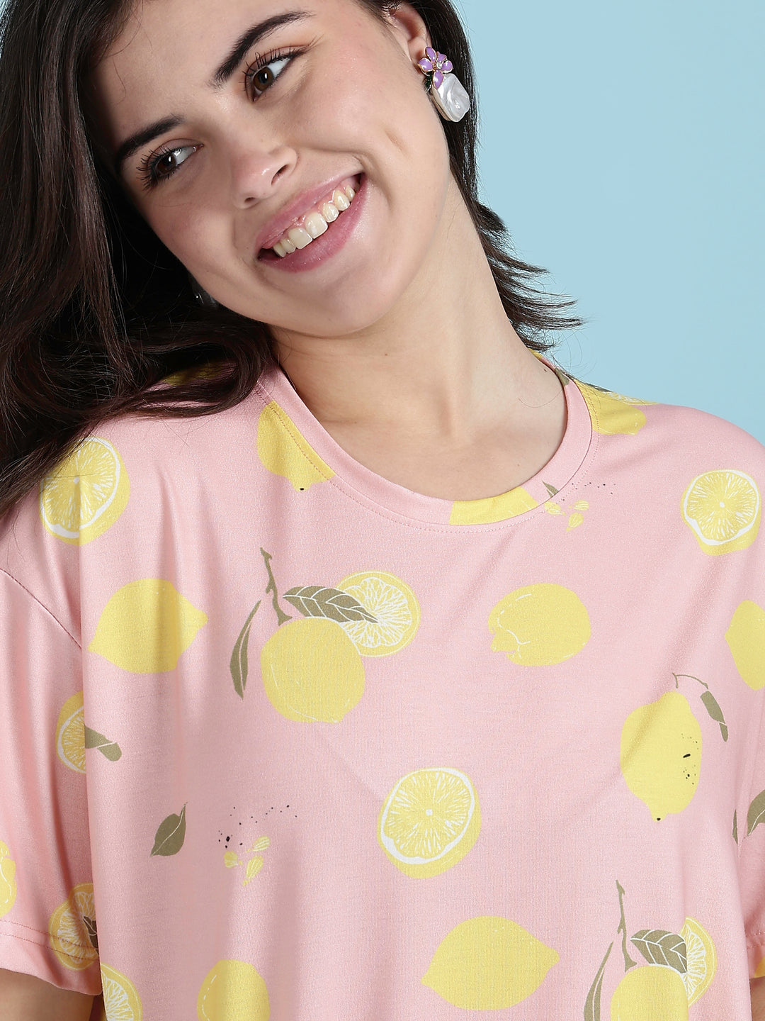 Lemon printed pink pyjama set for women