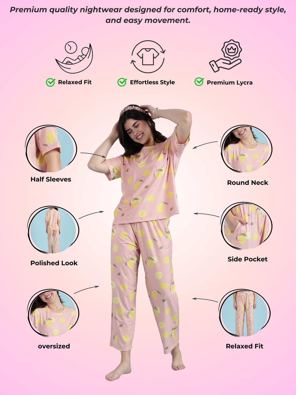 Lemon printed pink pyjama set for women