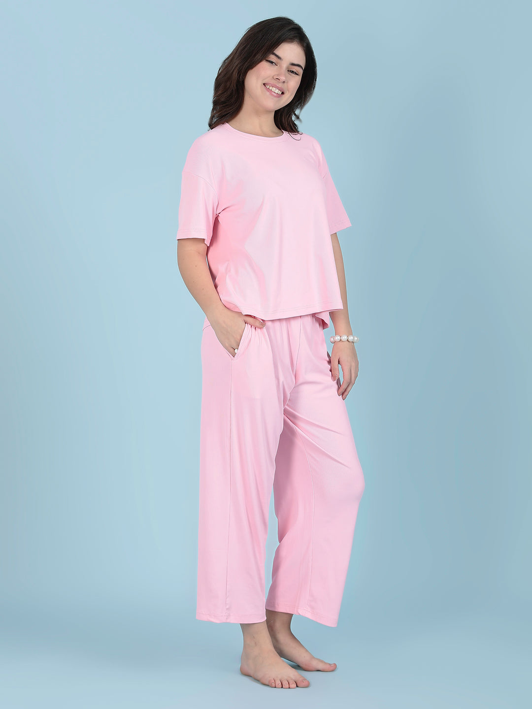 Pink Solid Pjs Womens Set