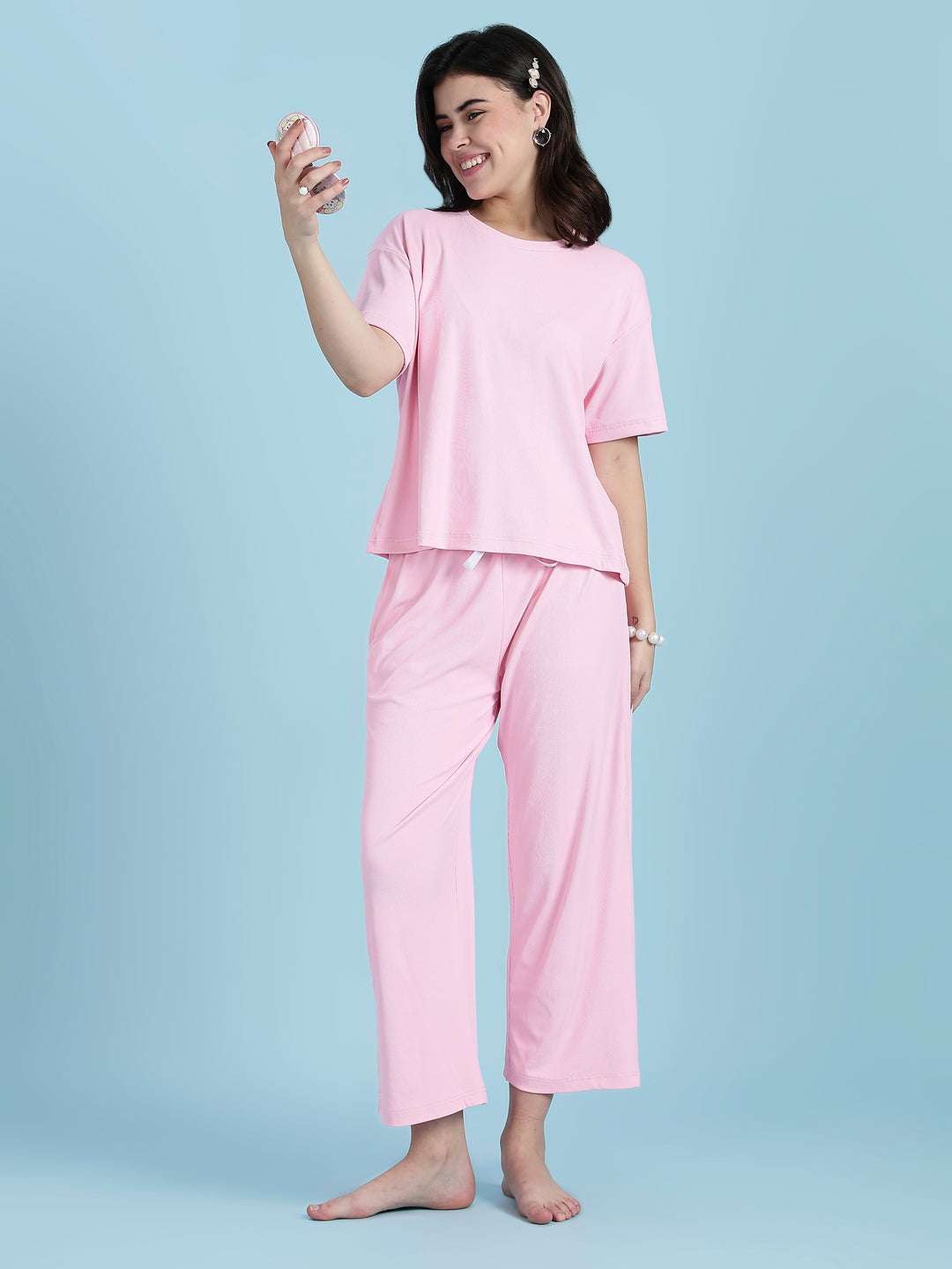 Pink Solid Pjs Womens Set