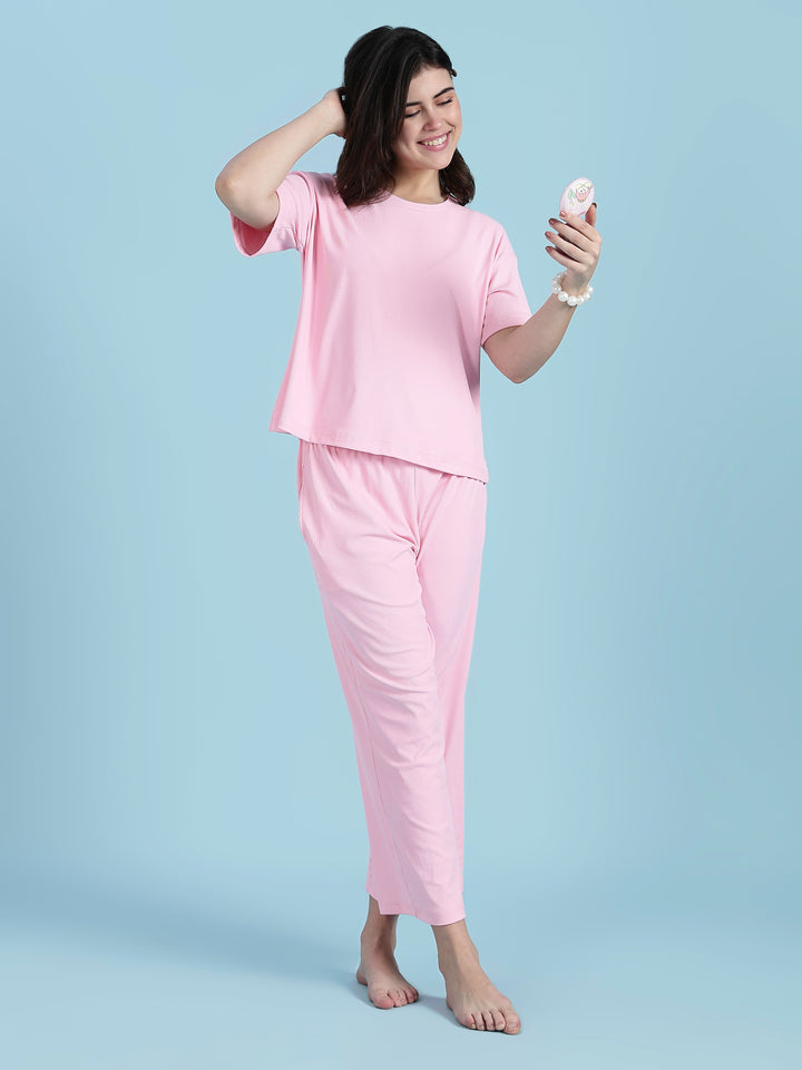 Pink Solid Pjs Womens Set