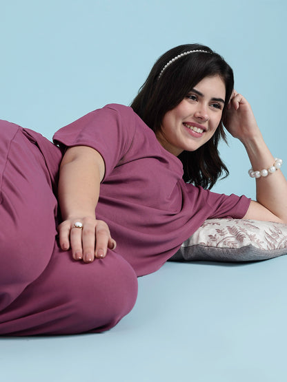 Plum Glow Rib-Soft Loungewear Set For Women