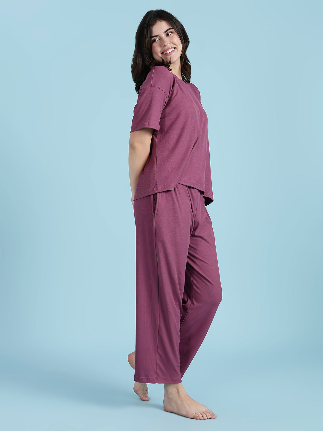 Plum Glow Rib-Soft Loungewear Set For Women