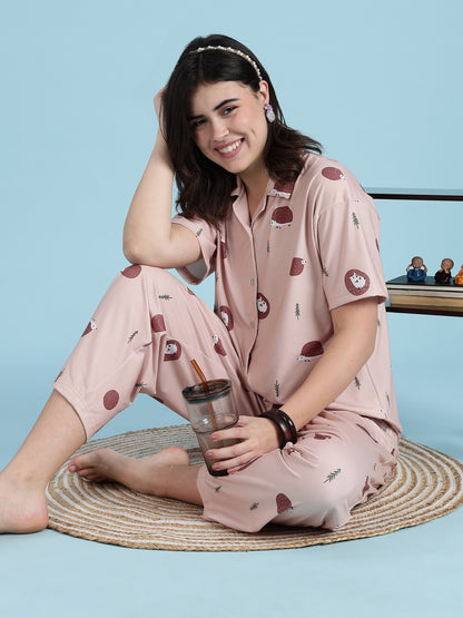 Warm Latte Hedgehog Print Cute Night Suits For women