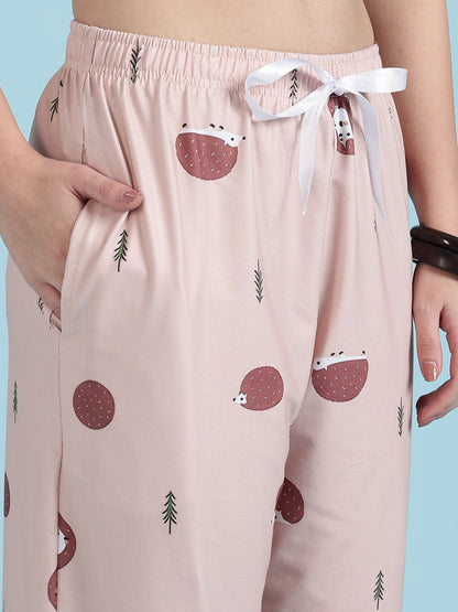 Warm Latte Hedgehog Print Cute Night Suits For Women